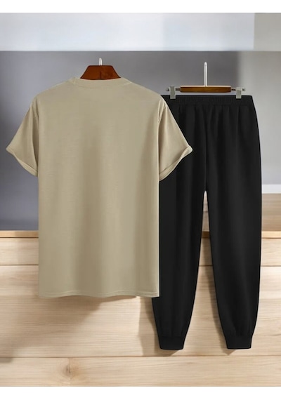 Uyguntarz Unisex Dr: Ayı Tasarım Basklı Tshirt Eşofman Takımı Bej