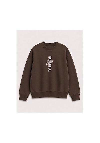 Herkesemoda Beatiful Yazılı Baskı Detaylı Şardonlu 2 İplik Bisiklet Yaka Sweatshirt Kahverengi