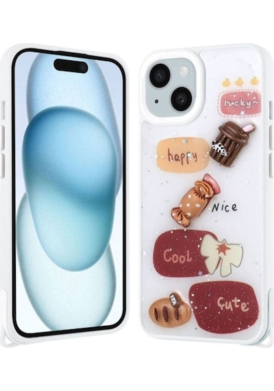 Apple Uyumlu iPhone 14 Plus Kılıf Parlayan Simli Kabartma Figürlü Zore Cevze Kapak Beyaz