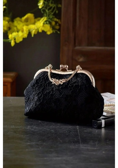 Guiza Famels Siyah Simli Ithal Özel Kumaş - Taş Detaylı Abiye Çanta Inci Kilit Açma Siyah/gold