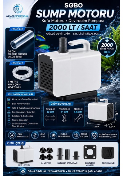 Sobo Sump Motoru - Kafa Motoru - Devirdaim Pompası - 2000 Lt/saat - 30 Cm Su Çıkış Borusu - 1 Metre Hava Hortumu Hediye