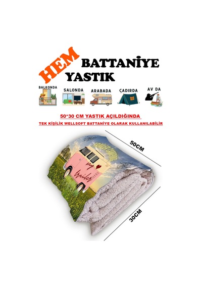 Karavan Camping-2 Baskılı Tv Battaniyeli Opsiyonel Dekoratif Yastık Battaniye 2in1-01 Çok Renkli