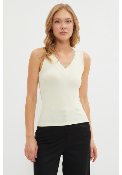 Fullamoda Dantelli V Yaka Slim Fit Bluz Sarı