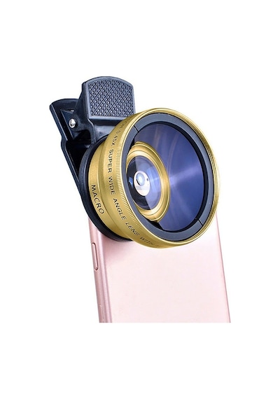 2 Si 1 Arada Klipsli Telefon Kamera Lensi 0.45x Ultra Geniş Açı 10x Makro 37mm Evrensel 49mm Uv Port Gold Gold