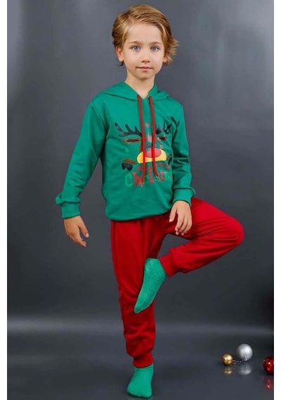 Riccotarz Kız Erkek Merry Christmas Ve Geyik Baskılı Yeni Yıl Yeşil Eşofman Takım