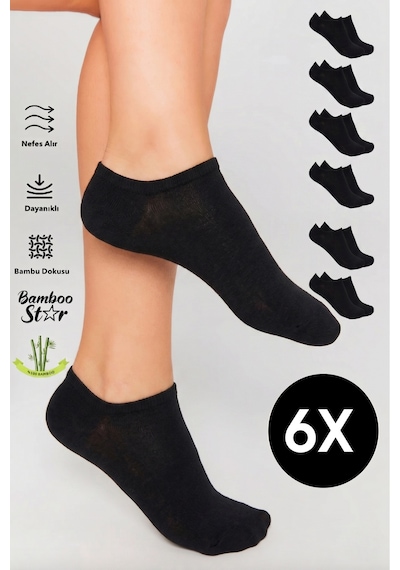 Bamboo Star Bambu Kadın Sneaker Siyah Çorap Dikişsiz Görünmez Bilekte Görünmez Spor Çorap Premium 6'lı Paket
