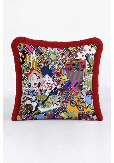 Pop Art Renkli Saçaklı Yastık Kılıfı - Çizgi Roman Temalı Retro Kırmızı Püsküllü Kırlent Kılıfı Adaçayı Altın Sarısı Pop Art Renkli Saçaklı Yastık Kılıfı - Çizgi Roman Temalı Retro Kırmızı Püsküllü Kırlent Kılıfı Adaçayı Altın Sarısı