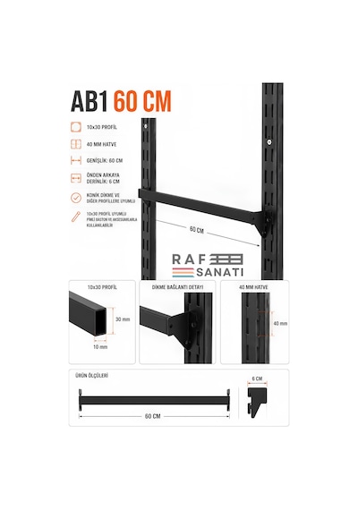 5 Adet - Ab1 60 Cm Ara Bağlantı Profili 10x30 Profil 40 Mm Hatve - Konik Dikme Uyumlu Mağaza Raf Askı Aparatı Siyah