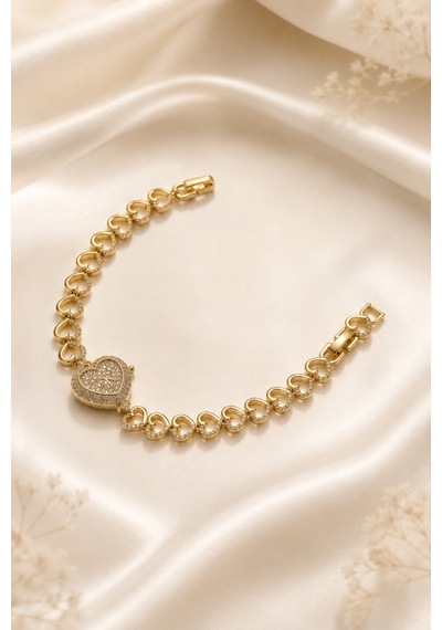 Balenbi Jewelry Kadın Taşlı Büyük Kalp Figürlü Kalp Zincir Kararmaz Çelik Bileklik 14k Gold 1140 Altın