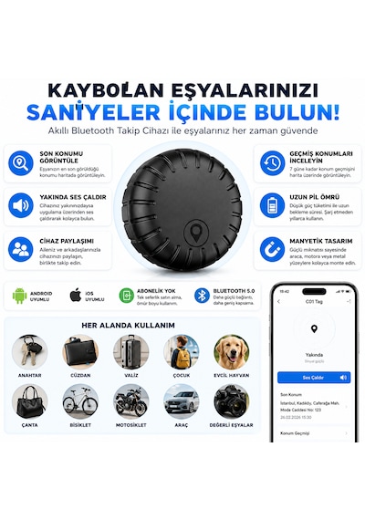 Akıllı Bluetooth Takip Cihazı Manyetik Konum Bulucu Apple iOS Android Uyumlu Anahtar Çanta Araç Evcil Hayvan Takip Tag Aboneliksiz 1