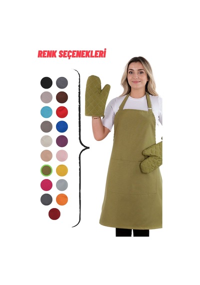 Simple 3lü Set Ayar Askılı Cepli Mutfak Önlüğü Seti 2 Eldiven Şef Garson Kafe Aşçı Barista Fıstık Yeşili