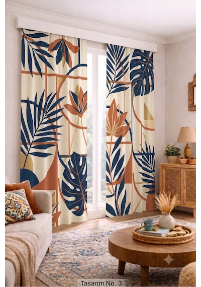 Modern Vintage Desenli Fon Perdesi 140x260 Cm 2 Kanat Dekoratif Dijital Baskılı Premium Salon Oturma Odası Yatak Odası Pencere Perdesi Lacivert