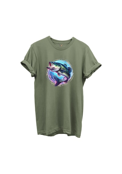 Renkli Neon Balık Desenli %100 Pamuk Regular Fit Unisex T-shirt Haki
