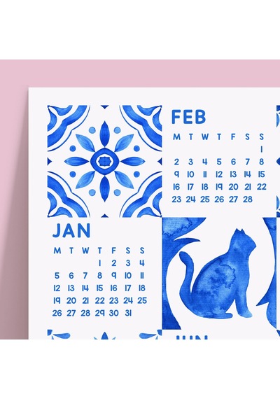 2027 Azulejo Duvar Takvimi Portekiz Mavi Karo Sanatı Suluboya Akdeniz Desenleri