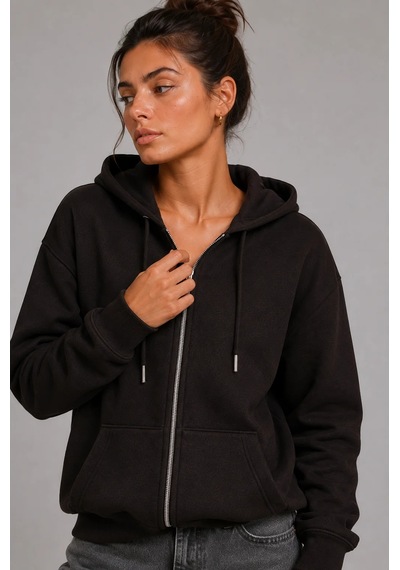 Bb Butik Basic Kadın Oversize Fermuarlı Kapüşonlu Sweatshirt Üç İplik Sweatshirt Hırka My3535 siyah