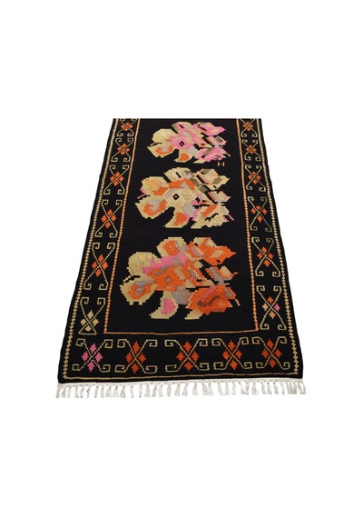 Kilim Antik El Dokuma Güllü Çiçekli Kirmen Karabağ Yolluk Yün Kilimi 0147 - Yeni - Çok Renkli