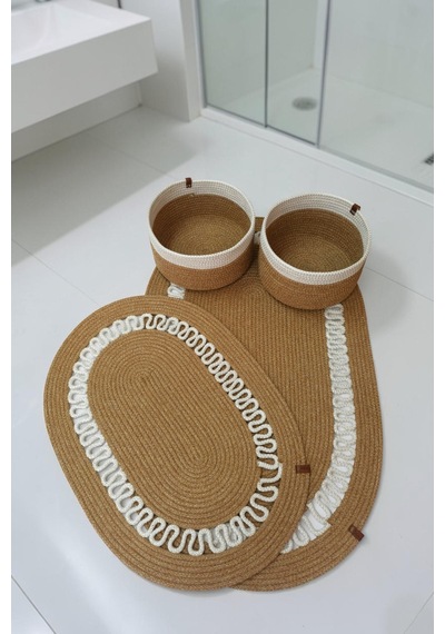 El Yapımı Dekoratif Örgülü Model Banyo Seti 2 Li Paspas 50x80 Ve 40x60 + 2 Organizer Sepet 18x18 Cm Hasır Jüt Renk