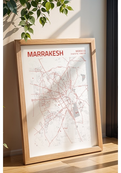 Marakeş Fas Morocco Haritası Çerçeveli Tablo Lüks Salon Ofis Duvar Dekorasyonu Hediyelik Tablo Kayın
