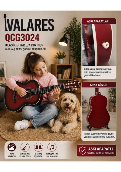 Valares Qcg3024 34 1/2 Yarım Boy Klasik Gitar Kırmızı Askı Aparatlı Çocuklar İçin İdeal Kolay Çalım