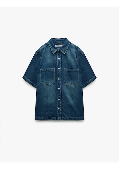 Koton Pamuklu Cepli Kısa Kollu Oversize Denim Gömlek Ceket Orta İndigo 5sam50023nd Indıgo