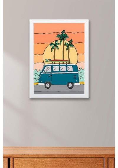 Volkswagen Minibüs İle Plaja Yolculuk Çerçeveli Tablo - Pop Art Poster Tablo