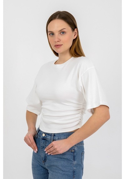 Hdm Kadın Ekru Yanları Büzgülü Kısa Kol T-shirt - H6085