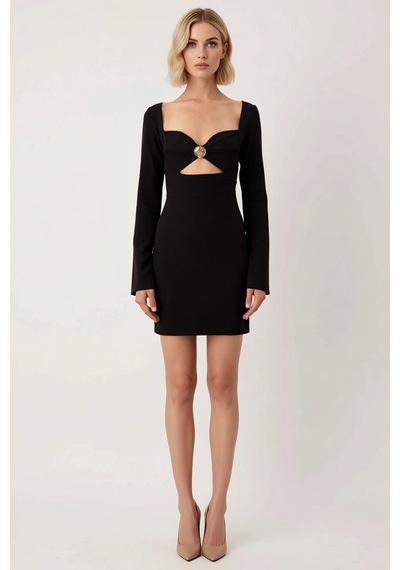 Benerly Kadın Kalp Yaka Uzun Kol Bodycon Kalıp Mini Dokuma Elbise Aksesua Siyah
