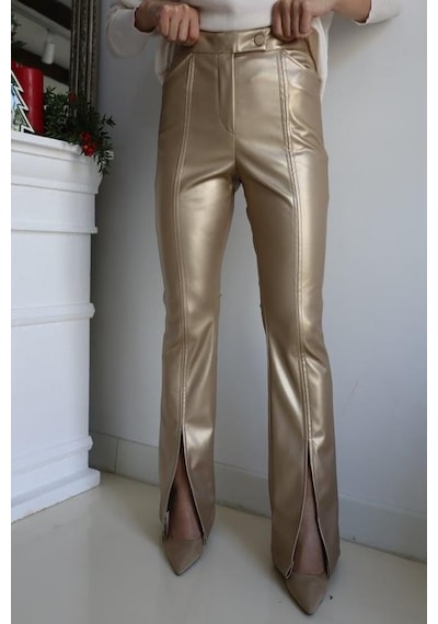 Paçası Yırtmaçlı Deri Pantolon - Gold Renk-400 Sarı