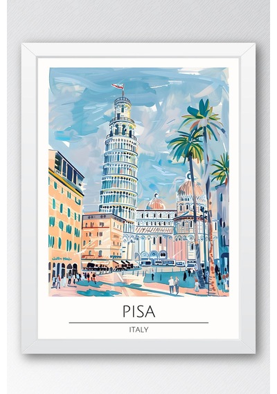 İtalya Pisa Duvar Tablosu Pisa Kulesi Temalı Modern Salon Duvar Dekoru, Çerçeveli Poster Tablo Beyaz