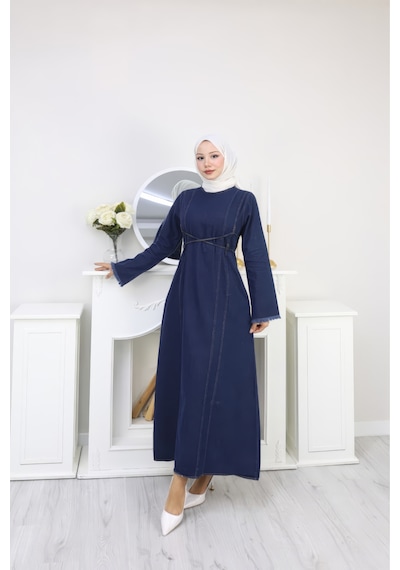 Caddebostan Moda Lacivert Denim Çift Bağcık Detaylı Uzun Kot Jean Tesettür Elbise