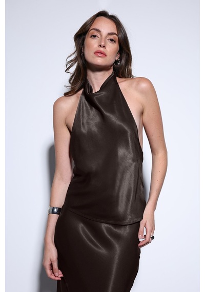 Antioch Saten Halter Kadın Top Koyu Kahve