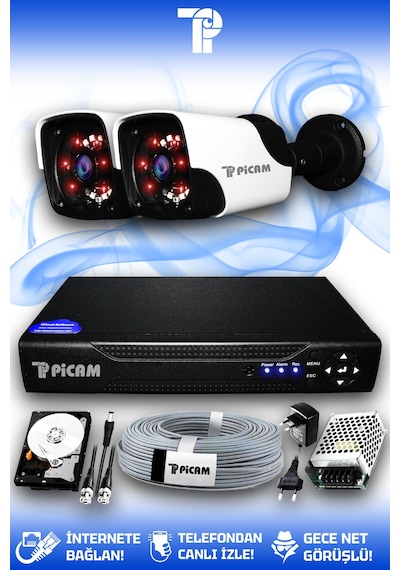 Picam 2 Kameralı Panda 2 Dış Kamera Set 100 GB HDD Full HD Gece Görüşlü Güvenlik Kamerası Sistemi