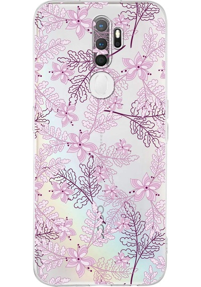 Oppo A5 2020 Uyumlu Kamera Korumalı Floral Pudra Tasarımlı Şeffaf Silikon Kılıf