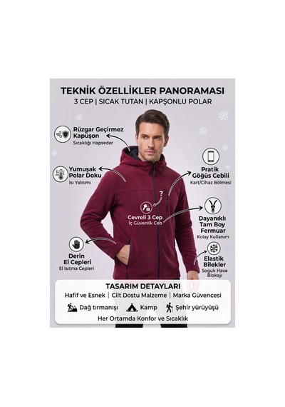 Luxıc Core Erkek Kapüşonlu Bordo Polar 3 Cepli Fermuarlı Sıcak Tutan Kışlık Outdoor Hoodie Günlük Stilpro