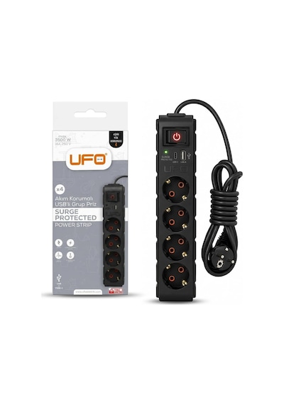 Yeni 4lü Akım Korumalı Grup Priz 1,5 Metre Bakır Kablolu, 5v 2,4a Usb Ve Type-c İle Şarj, Anahtarlı Topraklı Priz, Sürekli Koruma, 16a 250v, Max 3500w Aşırı Yük Koruması, 1,5m. Siyah Renk