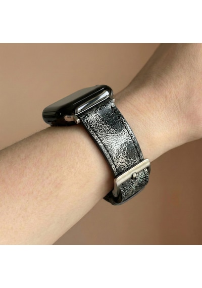 Goldoni Apple Watch Uyumlu Antik Siyah İnce Gerçek Deri Kordonu Metal Köprülü