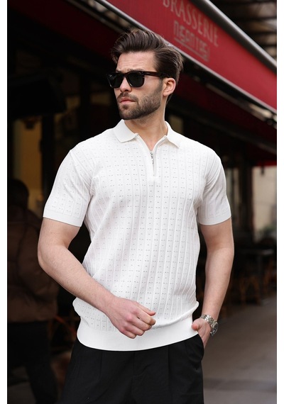 Beyaz Polo Yaka Slim Fit Triko Erkek Tişört E7465 Beyaz