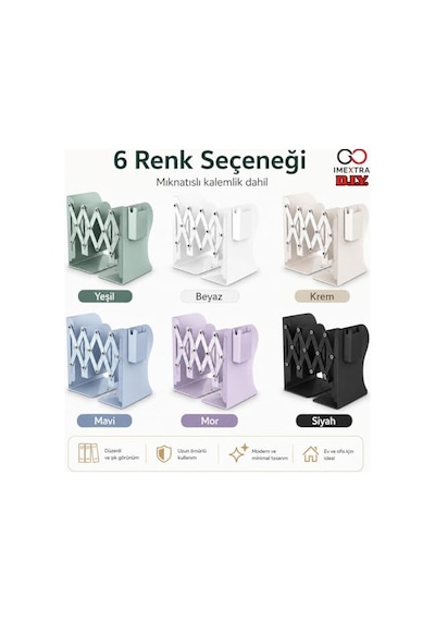 Ayarlanabilir Teleskopik Metal Kitap Tutucu, Masaüstü Kitap Desteği Ve Raf Düzenleyici Stand, 9-42 Cm Genişleyebilir, Mıknatıslı Kalemlik Hediyeli Siyah