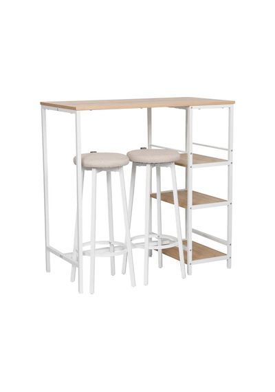 Step-up 2 Tabureli Yüksek Ayaklı Raflı Mutfak Masa Takımı - Beyaz 100x50x100 Ceviz
