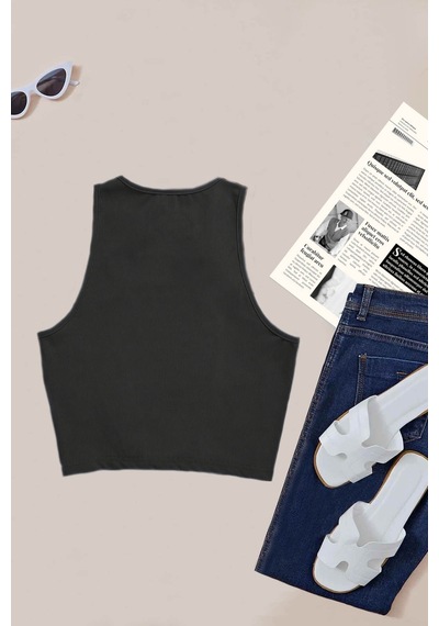 Merry See Tek Renk 1 Adet Kadın Kolsuz Örme Kumaş Bluz Crop Siyah