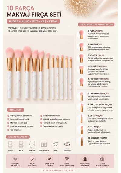 Profesyonel 10 Parça Seramik Saplı Makyaj Fırça Seti - Mermer Desenli Rose Gold Makyaj Fırçaları