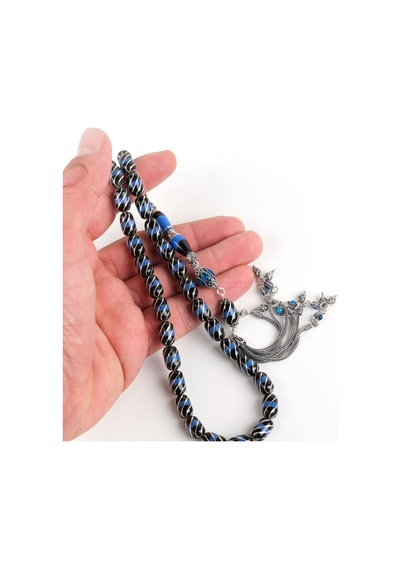 Erzurum Oltu 925ayar Gümüş Püskül Çeşmibülbül Katalin İşleme Nakkaş İmame Kapsül Kesim 7.5x12mm Tesbih - Yusuf Akansel Usta El İşi Gümüş - Siyah