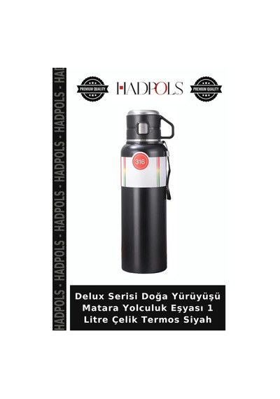 Delux Serisi Doğa Yürüyüşü Matara Yolculuk Eşyası 1 Litre Çelik Termos Siyah