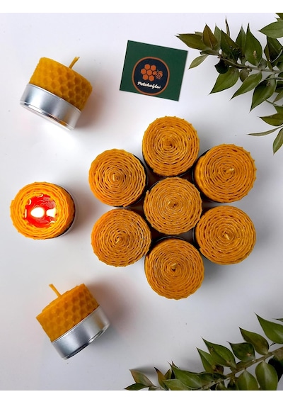 12 Adet Sarma Tealight Mum 3,5cm X3cm Doğal Petek Balmumu Mum Sarı