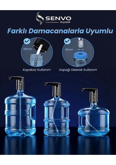 Senvo Pump Damacana Su Pompası Hızlı Dolum, Ultra Sessiz, Tek Şarjla 15 Damacanaya Kadar Siyah