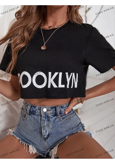 Startmore Crop Ckod-232913 Harf Grafikli Kırpma Siyah