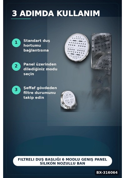 Filtreli Duş Başlığı 6 Modlu Geniş Panel Silikon Nozullu Banyo Duş Başlığı Beyaz Bx-316064 Diğer