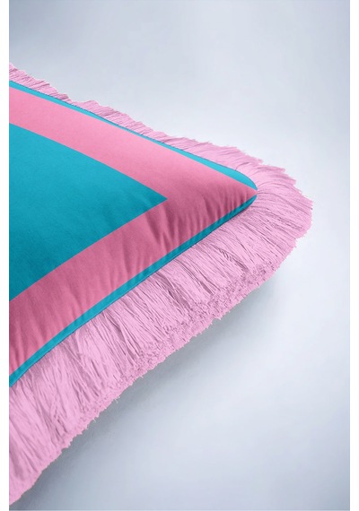Pop Renkli Çerçeveli Saçaklı Yastık Kılıfı - Retro Boho Turkuaz Krem Püsküllü Kırlent Kılıfı Yalın Düş Ritüel