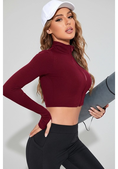 İmoda Kadın Bordo Uzun Kol Fermuarlı Parmak Geçme Detaylı Dik Yaka Crop Top Bluz Bordo