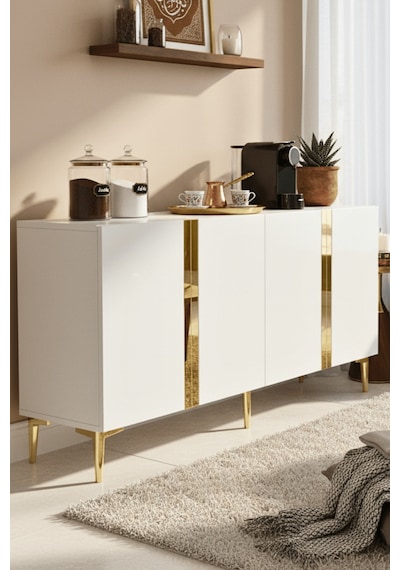 Ka1598bg Anka150 Konsol, Kahve Köşesi, Tv Sehpası Ve Dolap Beyaz - Gold 150cm